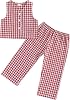 Plaid Outfit Toddler Girl Button Down V Neck Vest Sleeveless Tops Plaid Print Waistcoat Blazer and Wide Leg Pants