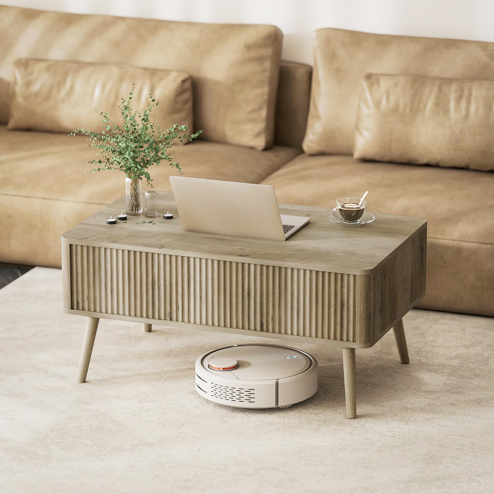HOMCOM Mesa de Centro Elevable, Mesa de Café para Salón, Comedor, con Compartimentos Ocultos de Almacenaje y Patas de Pino, 91x56-80,5x43-57,5 cm, Roble
