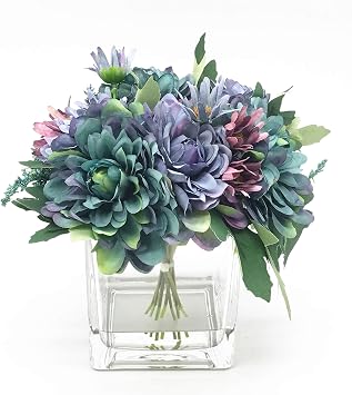 Silk Daisy and Mixed Flower Arrangements in Clear Glass Vase with Acrylic Water for Home Wedding Decoration Blue