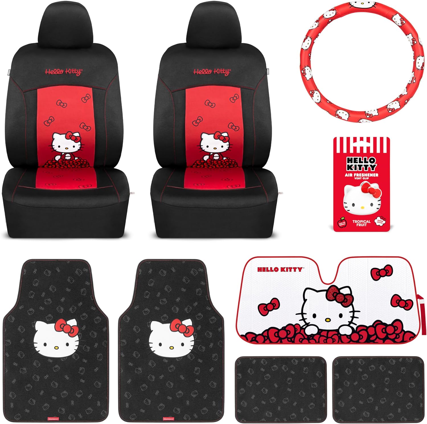 Carbella Hello Kitty Car Seat Covers, Car Floor Mats, Steering Wheel Cover, Windshield Sun Shade for Car Gift Pack Car Air Freshener Black and Red Hello Kitty Car Accessories for Women 9pc Combo