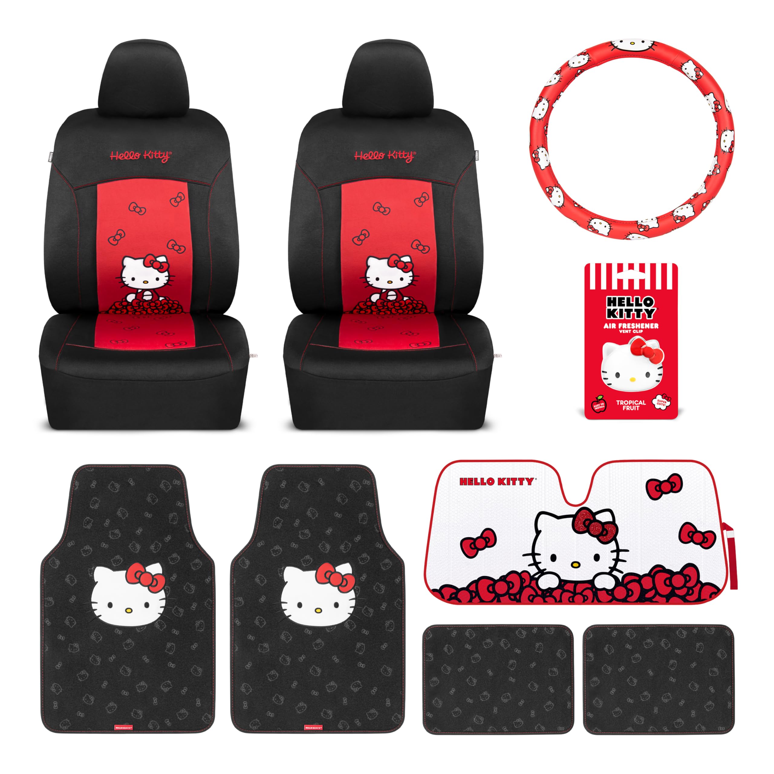 Carbella Hello Kitty Car Seat Covers, Car Floor Mats, Steering Wheel Cover, Windshield Sun Shade for Car Gift Pack Car Air Freshener Black and Red