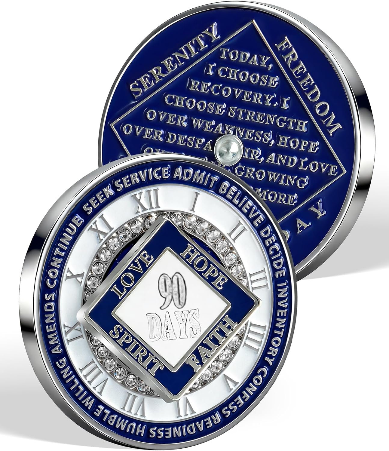 90 Day NA Sobriety Coin - Blue Rotating Rhombus 3 Month Recovery Medallion with Crystals - Narcotics Anonymous Recovery Gifts for Men and Women, 12-Step Spinner Milestone Token - Just for Today