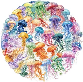 50PCS Jellyfish Stickers PET Transparent Stickers Colorful Ocean Jelly Fish Decals Waterproof Decorative Decals for Scrapbook DIY Crafts Album Bullet Journal Planner Water Bottles Phone Cases Laptops