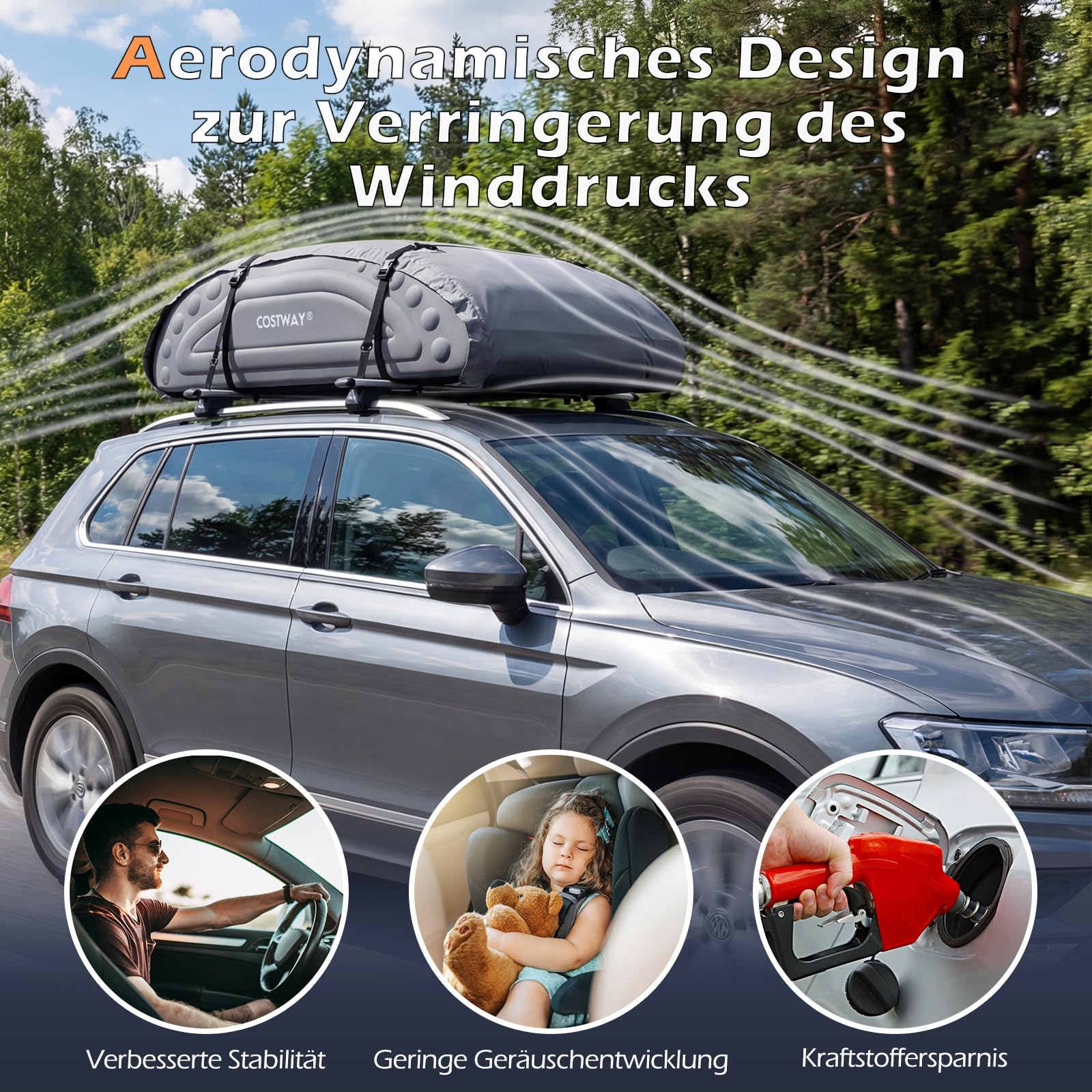 COSTWAY 400L Dachbox Auto, Dachkoffer mit Gurten & Tragetasche, Dachtasche aus Leinenstoff, Gepäcktasche, Gepäckbox, Dachgepäckträger Tasche für Autos, SUV (Grau)