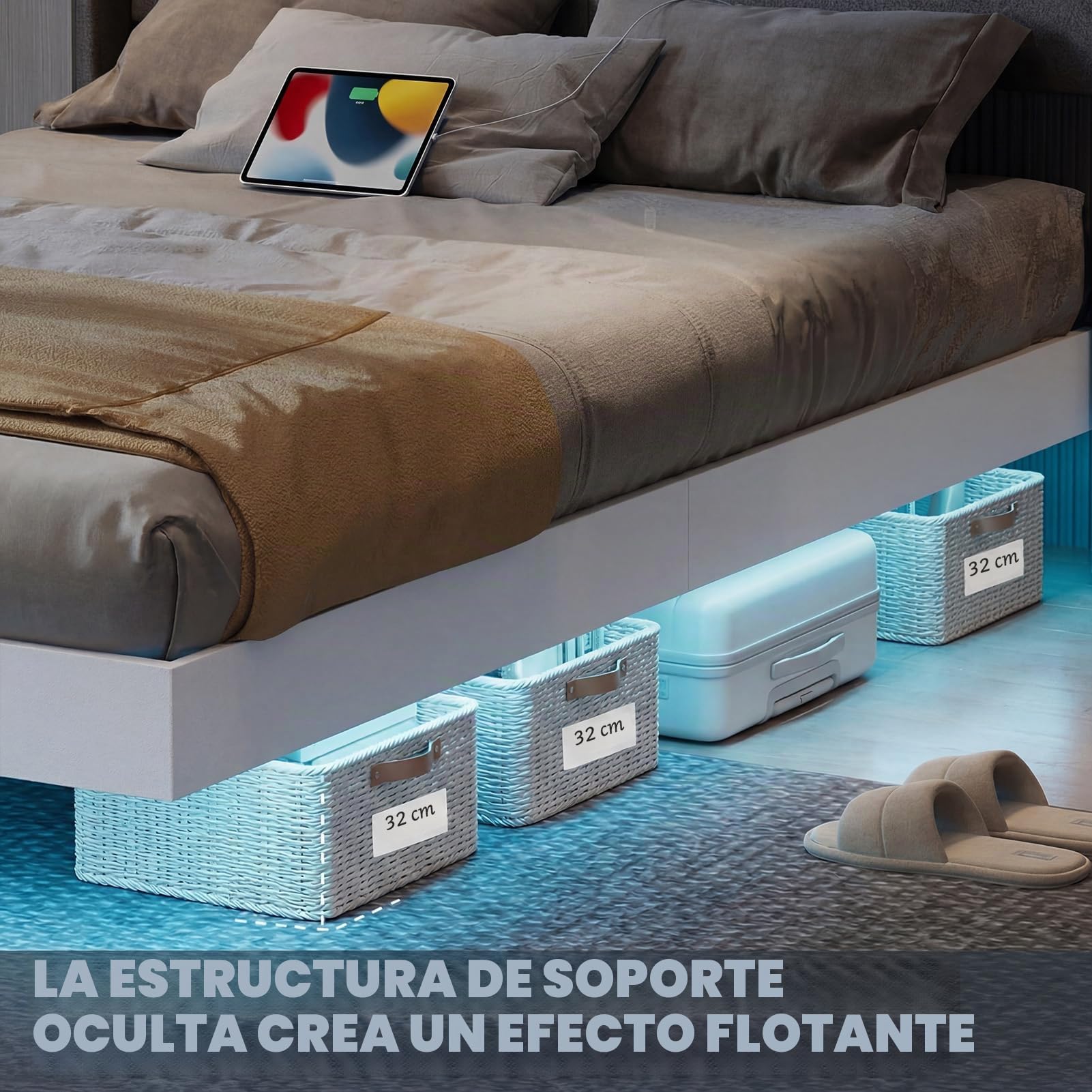 HAUSPROFI Cama Flotante con Almacenamiento, Luces LED y Cabecero con Espacio de Almacenaje, Acabado en Lino, Somier Estable, Colchón No Incluido (Blanco, 180 x 200cm)
