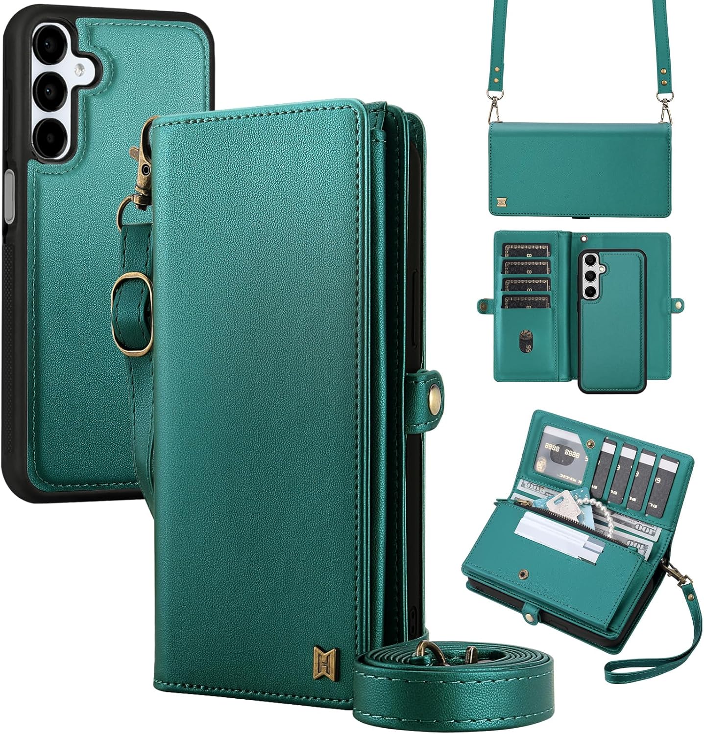 for Wallet Case Compatible with Samsumg Galaxy S25 Plus Multi-Function Detachable 2 in 1 Magnetic Phone Case Wallet,Flip Strap Zipper Card Holder Phone Case with Shoulder Straps (Green)