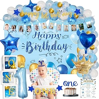 118 PCs First Birthday Decorations for Boy, Party Inspo Baby Boy 1st Birthday Decorations One Year Old Backdrop Balloon Garland Monthly Photo High Chair Banner Cake Topper Box Cutout Poster Crown Blue