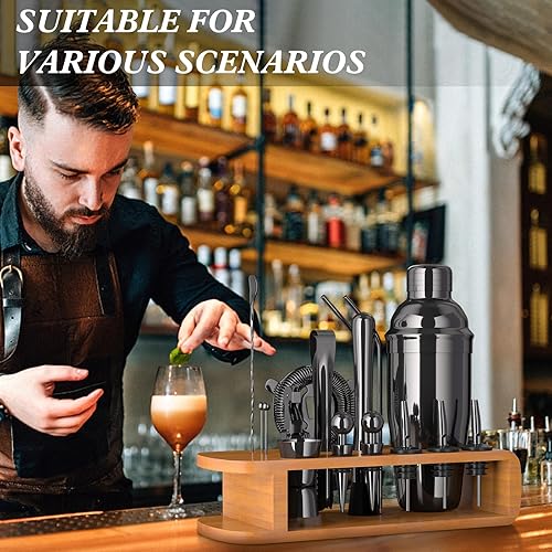 Miniatura 5 de Juego de coctelera con soporte de bambú, kit de 26 piezas de barman de 25 onzas, juego de herramientas de barra de Martini para mezclar bebidas,