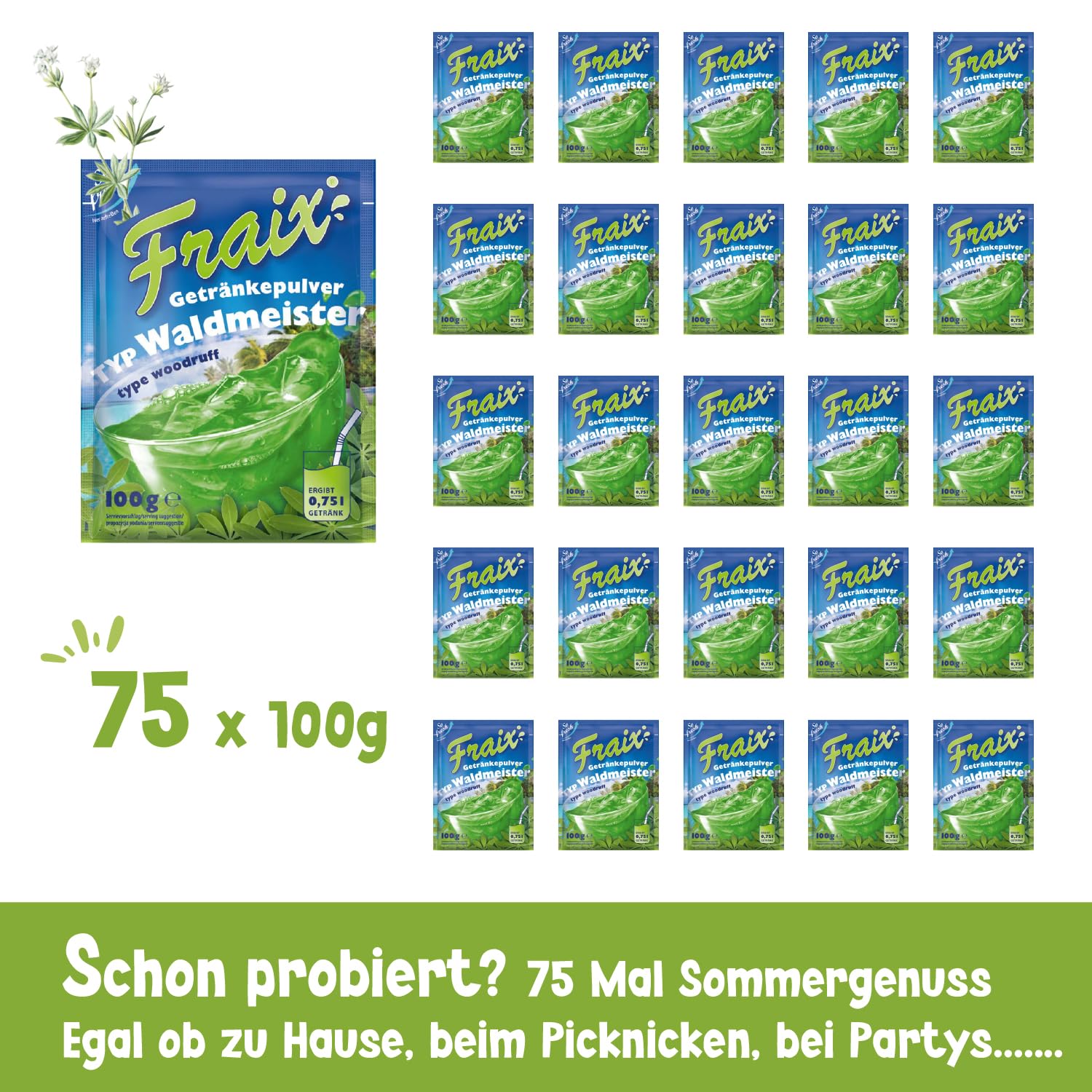 FRAIX Bebida en polvo Waldmeister, paquete de 75 unidades (75 x 100 g), polvo instantáneo refrescante con sabor floral, polvo de fruta perfecto para pícnic, fiesta de cumpleaños