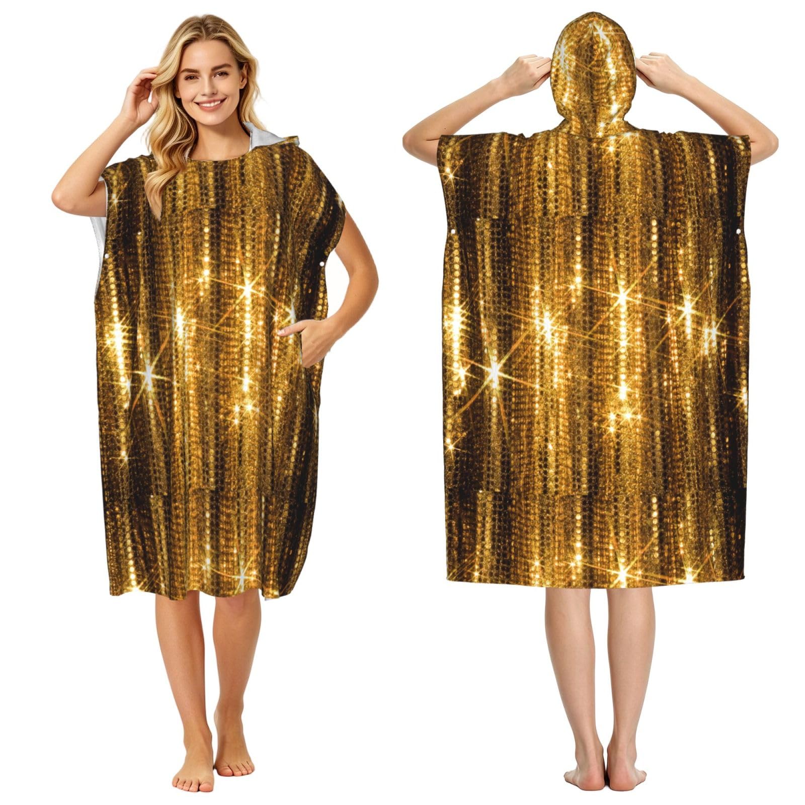 Poadnly Gold Sequin Sparkle, Adult Hooded Beach Towel 90 x 110 cm,Changing Bath Robe, Surf Poncho Towel For Women Men