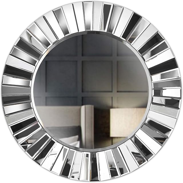 CARME Knightsbridge - Luxury Large Round Wall Mirror Bevelled Decorative 3D Mirrored Glass Effect Design for Bedroom Living Room Hallway Bathroom Modern Home Decor 80cm Mounted Vanity (Grey Silver)