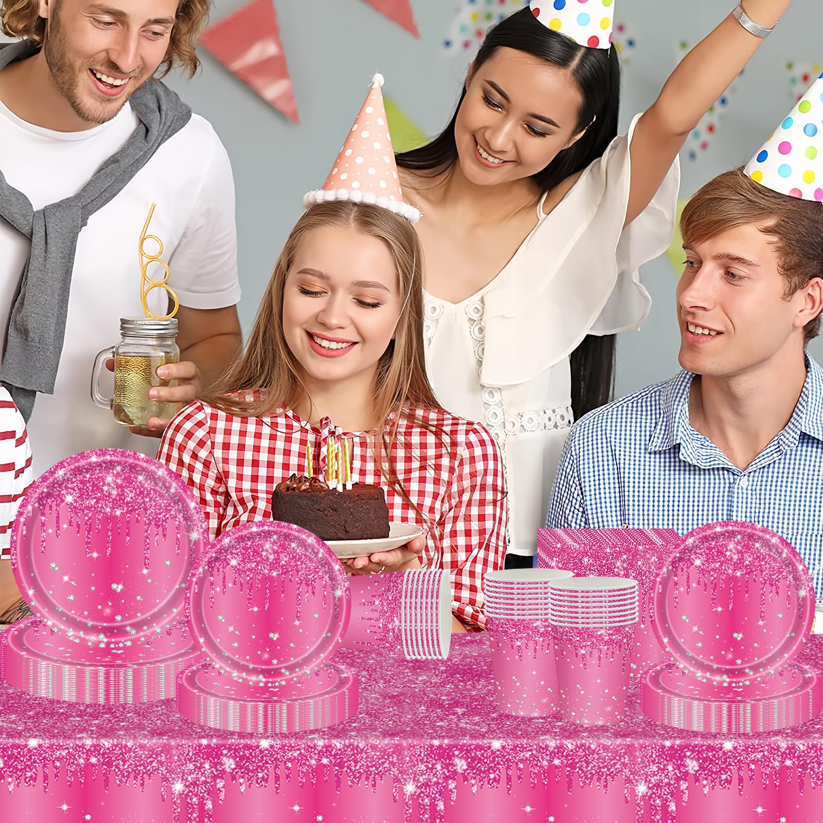 Set De Vaisselle Jetable Or Rose Brillant - 69 Pièces Pour Fêtes, Anniversaires, Mariages Et Noël - Assiettes, Tasses, Serviettes, Nappe