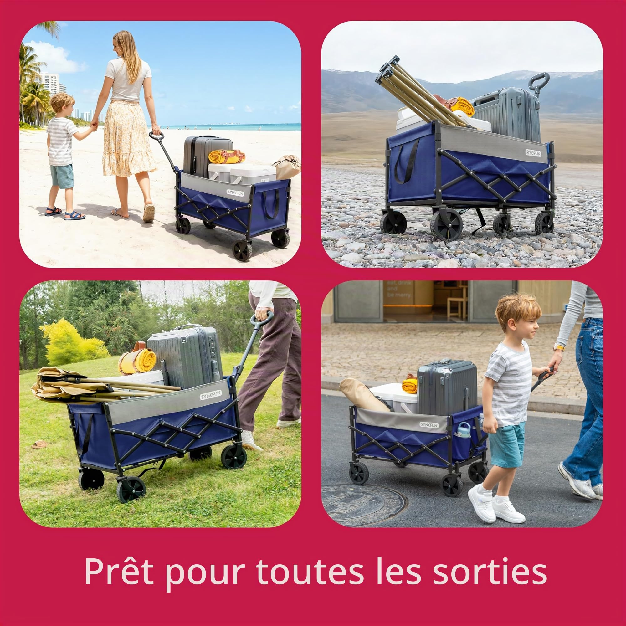 SYNCFUM Chariot de Chariot Pliable avec Roues, Robuste, 250 kg, avec poignée Flexible, Chariot Utilitaire de Plage pour Jardin, Camping et Bleu