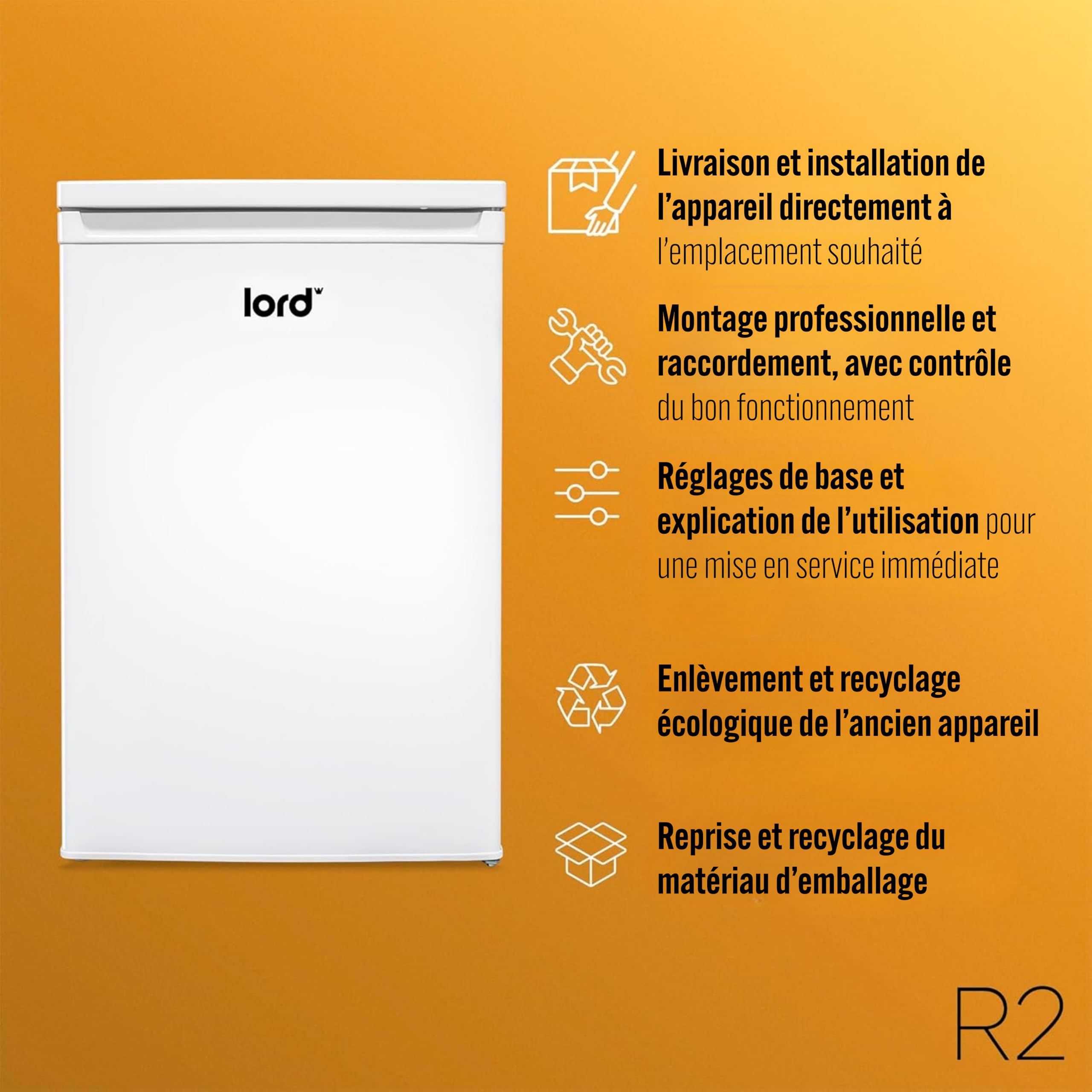 Lord R2 Réfrigérateur 1 Porte – Petit frigo, 85 cm, 127 L, pose libre, sans compartiment de congélation, silencieux 39 dB, classe énergétique E, Blanc