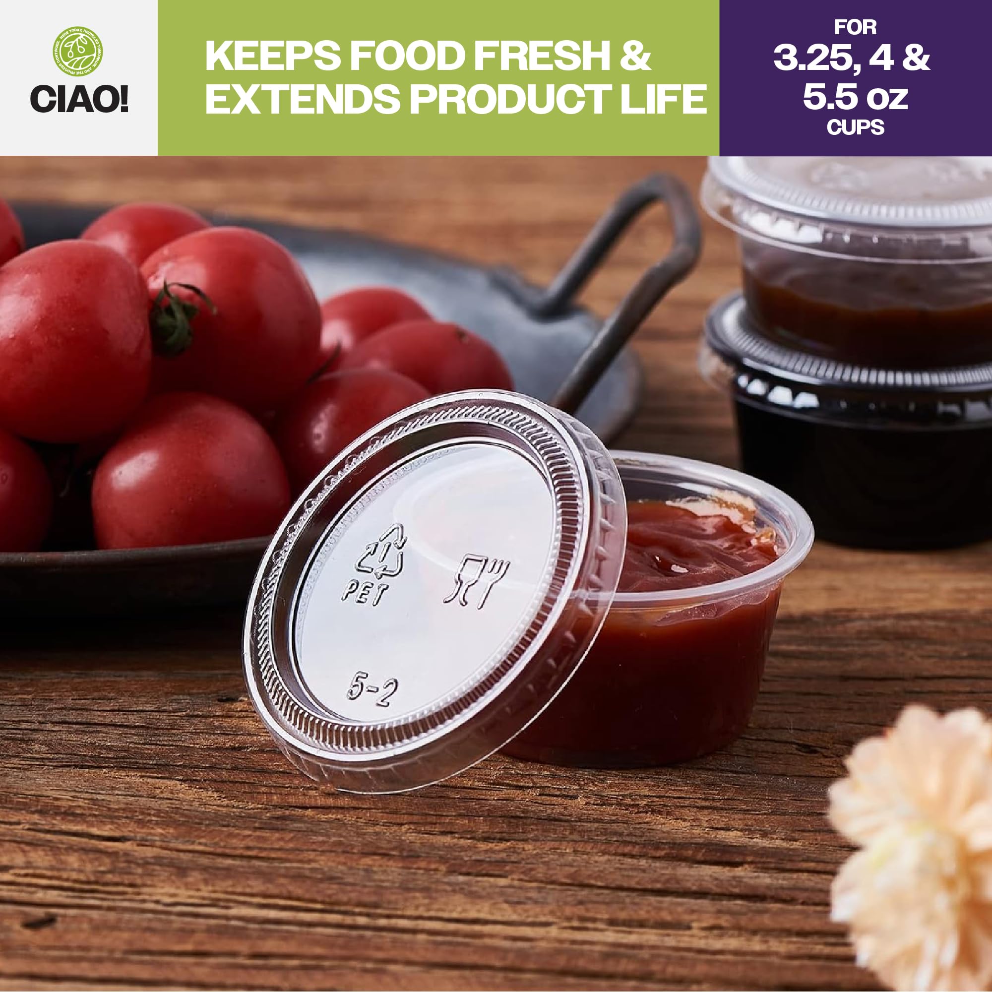CIAO! Tapa de PET transparente para tazas de porciones de 3.25, 4 y 5.5 onzas, 74 mm de diámetro (caja de 2.500)