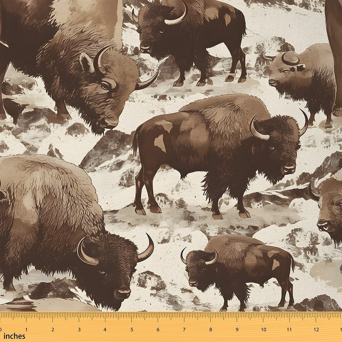 jejeloiu Cute Buffalo Fabric by The Yard 2 Yards Wild American Bison Waterproof 3D Wild Animal Wildlife Horns Mountain Upholstery for Chairs Brown Outdoor Fabric