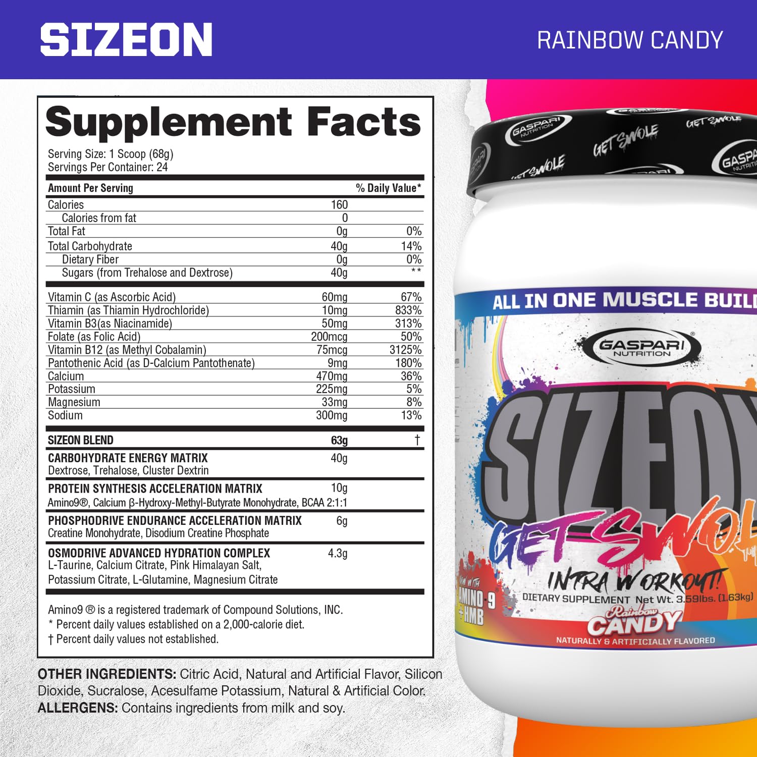 Gaspari Nutrition SizeOn Intra Workout Powder, Carb Supplement, Amino Acid & Creatine Formula, Increased Muscle Volume & Recovery (3.59 Pounds, Rainbow Candy) — Amazon image 2