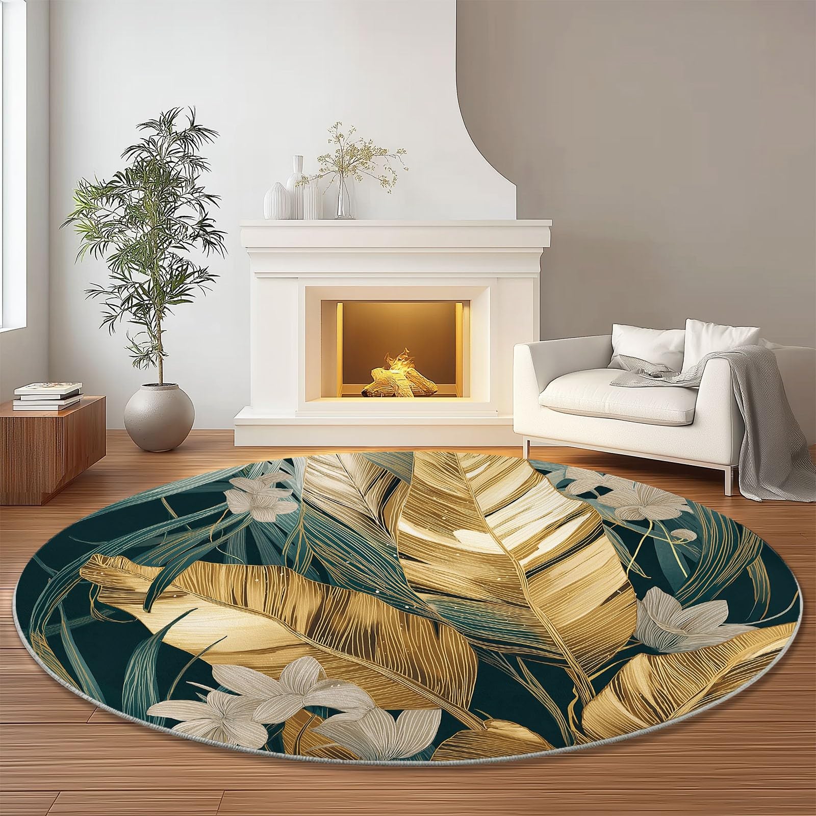 Générique Tapis Rond 160 cm Motif Feuilles de Bananier Dorées sur Fond Vert Foncé, Tropical Chic, Poil Court Antidérapant, Lavable, Idéal Salon, Salle à Manger, Chambre, Élégance et Confort