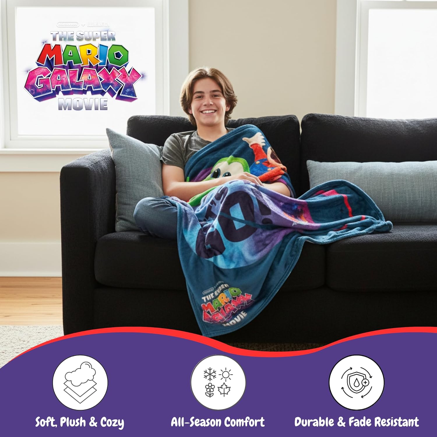 The Super Mario Galaxy Movie Throw Blanket, Yoshi, Soft Cozy Decorative Blanket for Couch, Bed, or Gaming Room (100% Officially Licensed Product) by Franco Collectibles