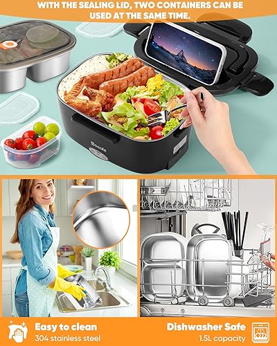 Miniatura 3 de Eocolz Fiambrera eléctrica calentador de alimentos de 80-100 W, calentador de alimentos con doble contenedor, 1.5L, lonchera portátil calentada para