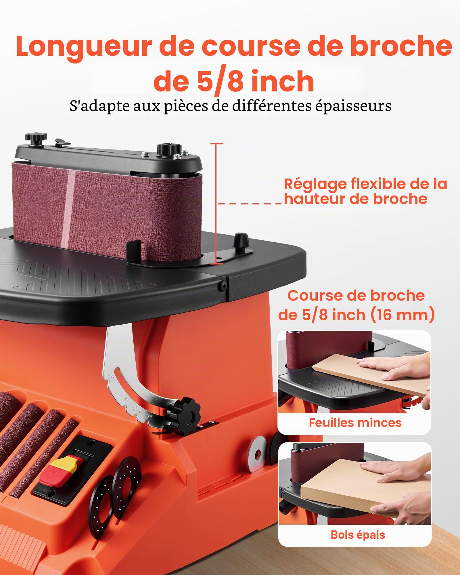 VEVOR Ponceuse à Broche Oscillante d'Établi 2000 tr/min Course 16 mm, 5 Manchons 12,7 mm 19 mm 25,4 mm 38,1 mm 50,8 mm, Bande Abrasive 610 x 98 mm pour Travail du Bois, Ponçage de Meubles, Bricolage