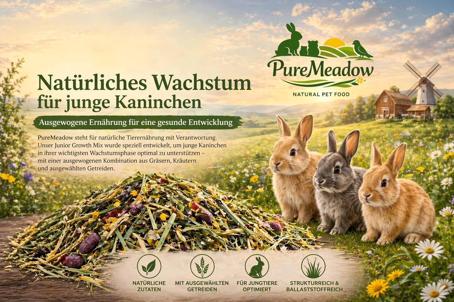 PureMeadow Junior Growth Mix 1 kg – Comida para conejos jóvenes con alfalfa, rica en estructura y rica en fibra, para 8 semanas – 6 meses