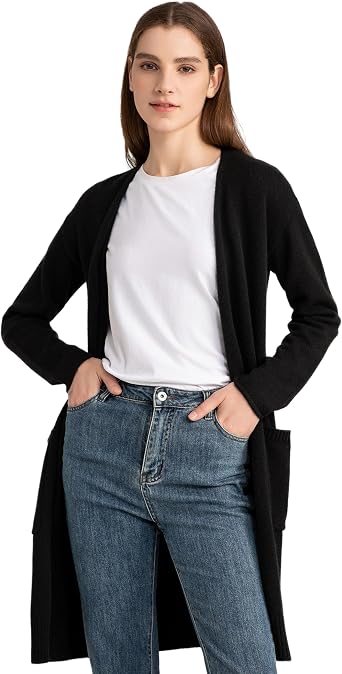 State Cashmere Set of Two 100% Cashmere Womens Cardigans Crewneck Button Down + Open Long Cardigan with Pockets