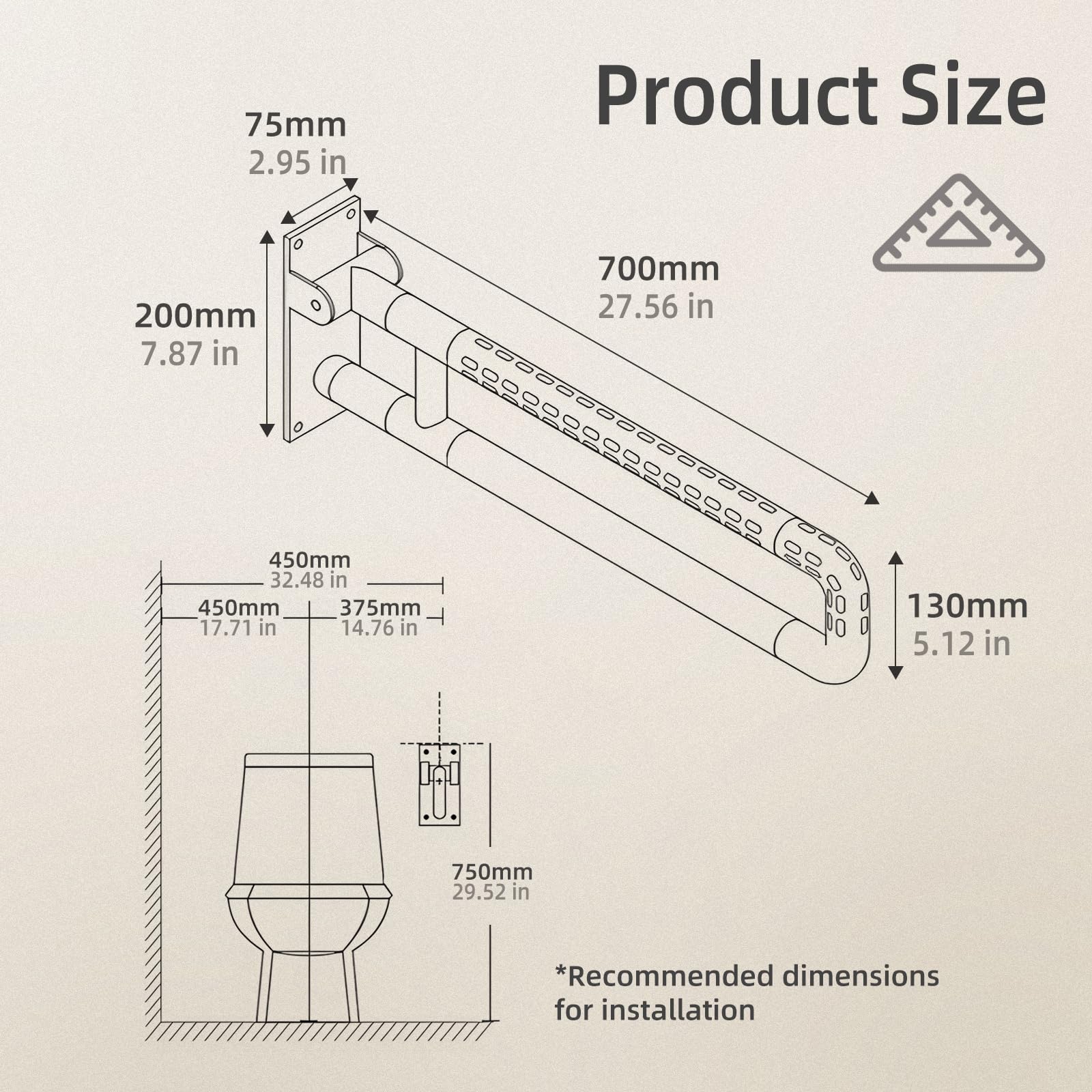 Maniglione Bagno Disabili,Maniglia Doccia Anziani,WC stand-up,70cm Maniglione per Doccia,Supporto Pieghevole Disabili,Acciaio Inossidabile,Supporta 250 kg,Bianco