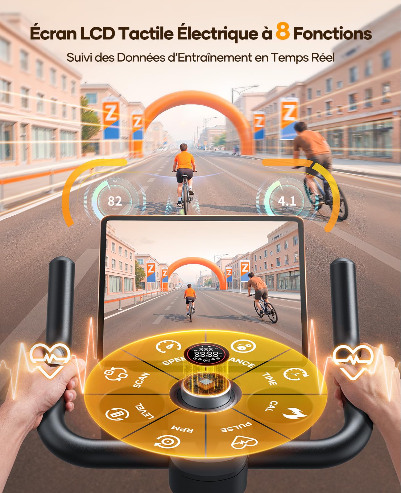 TOPUTURE Velo d Appartement, Vélo d'Appartement Silencieux avec Résistance Magnétique Électrique 32 Niveaux, Écran Tactile Haut de Gamme avec App et Capteur Cardiaque, Support Haltères, Capacité 150kg