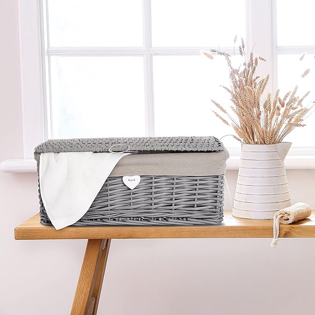 Grey Painted Lid Wicker Storage Collection Hamper Wicker Basket (Medium)