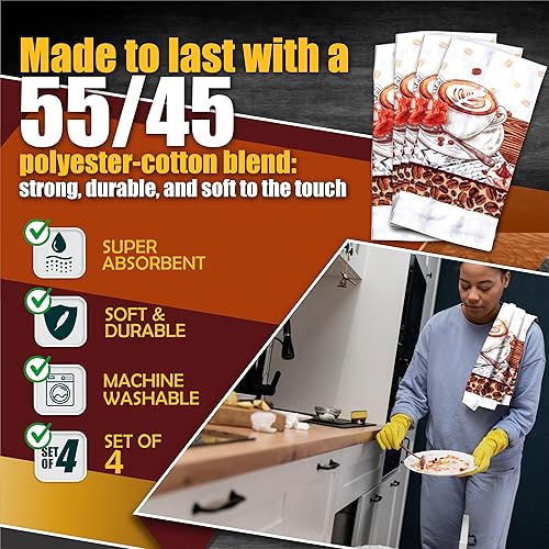 Miniatura 3 de Lobyn Value Packs Paquete de 4 paños de cocina absorbentes y ligeros de 15 x 25 pulgadas, algodón de poliéster (decoración de café)