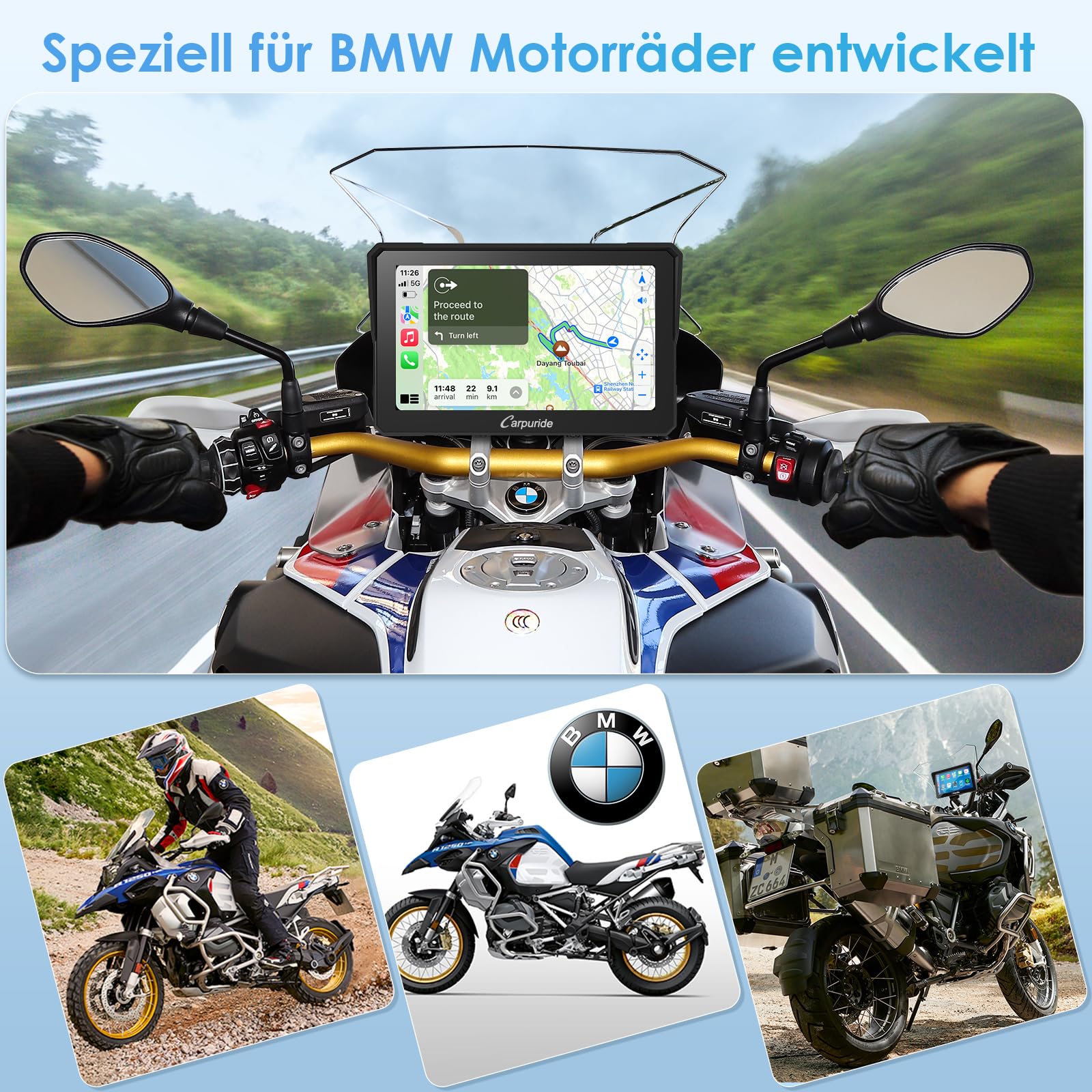 Carpuride W702B Motorrad GPS Carplay Bildschirm mit Design Halterung für BMW Motorräder, Kabelloses CarPlay und Android Auto, Tragbarer 7" Wasserdichter Touchscreen, Dual Bluetooth, Navigation, Siri.