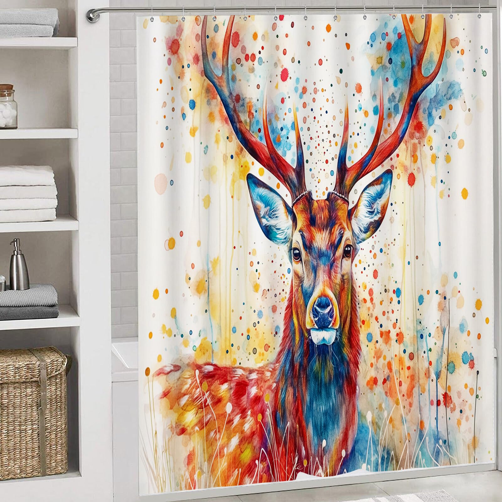 Rideau De Douche Magnifique Cerf Peint Animaux De Portrait Rouge Rideau De Bain Tissu Polyester Anti Moisissure Imperméable Lavable Rideaux Salle De Bain avec Crochets
