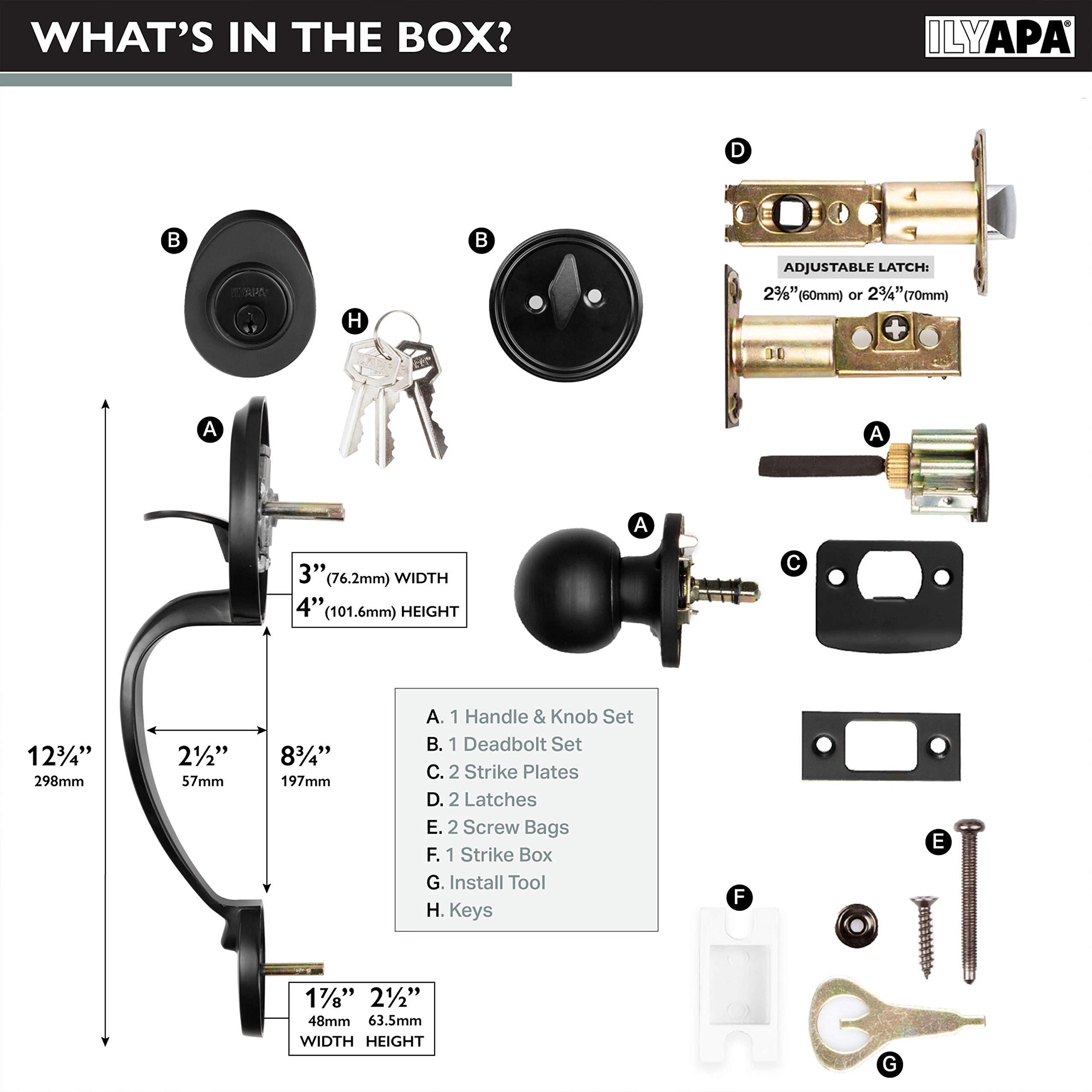 Ilyapa Front Entry Door Exterior Handleset - Classic, Matte Black Low Profile Door Lock Set Handle with Single Cylinder Deadbolt and Halifax Lever, Matte Black