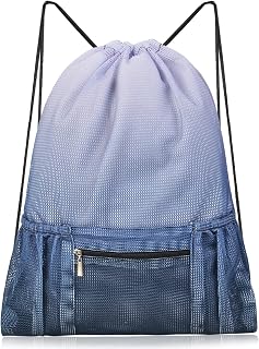 Mesh Drawstring Backpack Bag Beach Bag with Zipper Pocket Gym Backpack Bag for Swimming Gear Gym Storage Bag for Adult Kids (Grey)