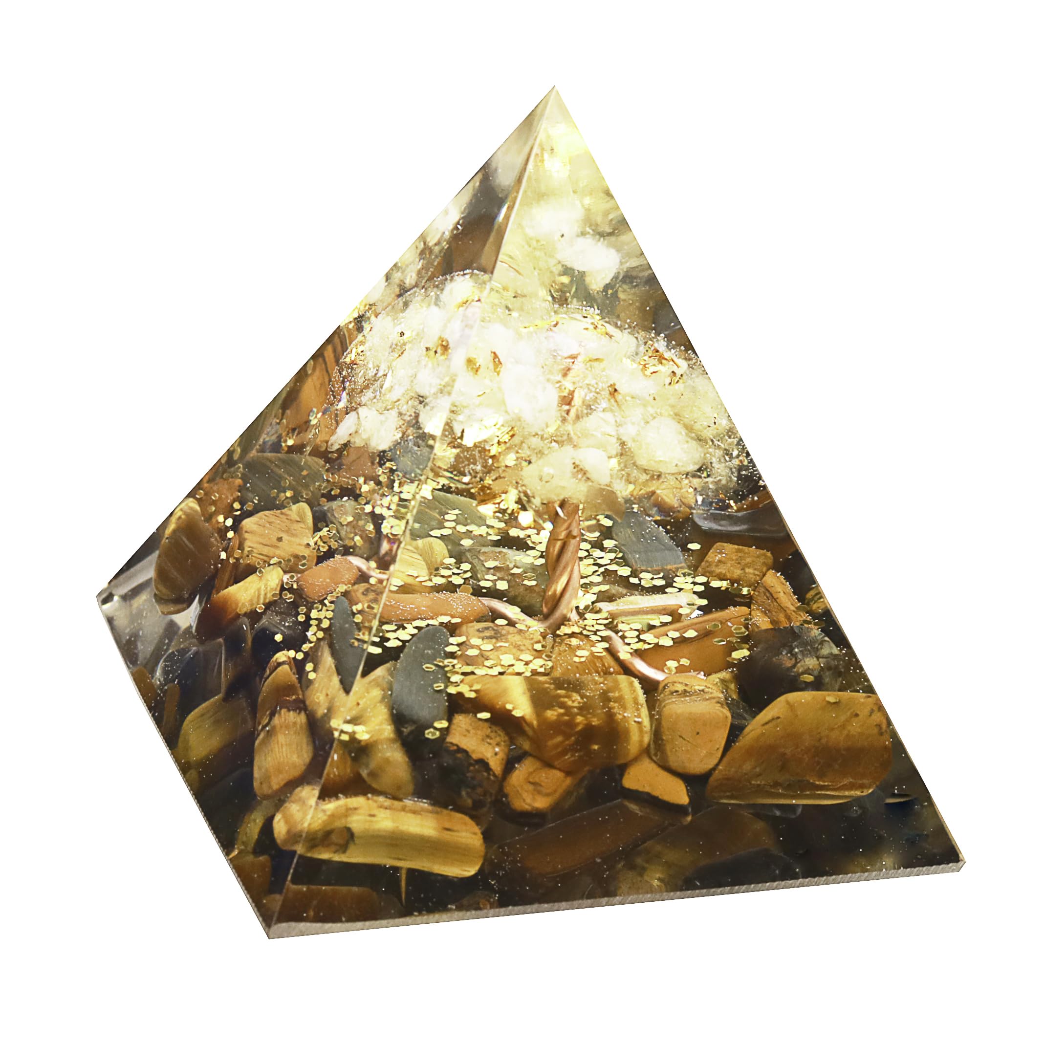 Tree of Life Orgone Pyramid Citrine with Tiger Eyes Positive Energy Healing Crystals Pyramid for Reduce Stress Chakra Reiki Meditation Attracts Lucky and Success