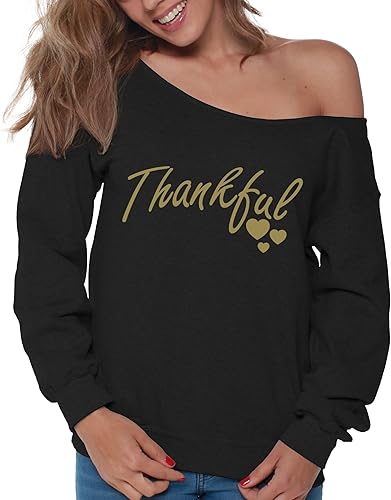 Thankful apagado hombro sudadera con capucha para Thanksgiving Thankful Thanksgiving Suéter Hombro Off para las mujeres
