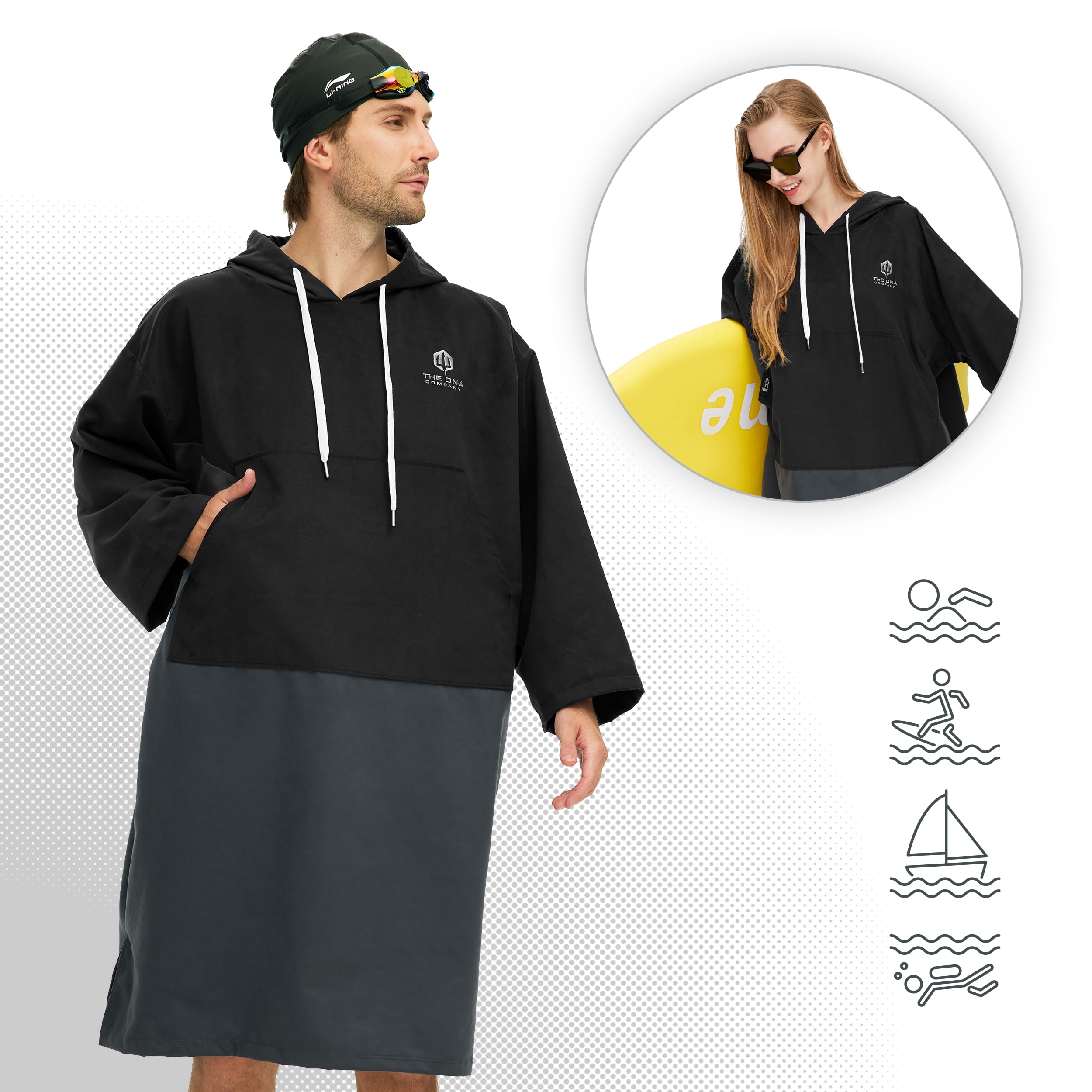 Poncho Surf de Microfibra - Ligero y de Secado rápido - para Hombre y Mujer - Playa, Piscina o natación - ¡Imprescindible para Tus Actividades Acuáticas! (Negro)