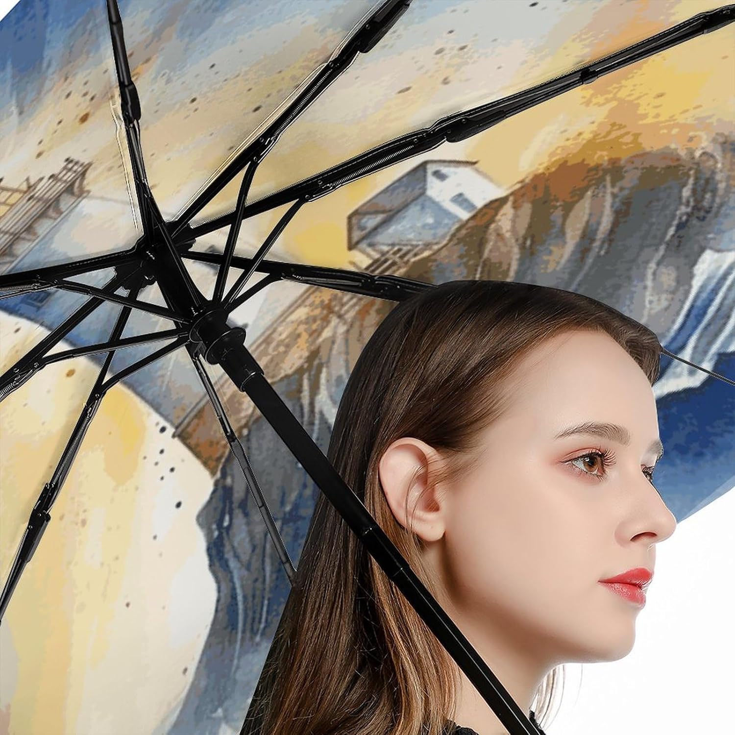 3 Fold Auto Umbrella for Woman, Windproof Portable Lighthouse Fantasy Light Umbrella for Man, Lightweight Small And Compact Umbrellas with Cover Bag for Outdoor, Travel