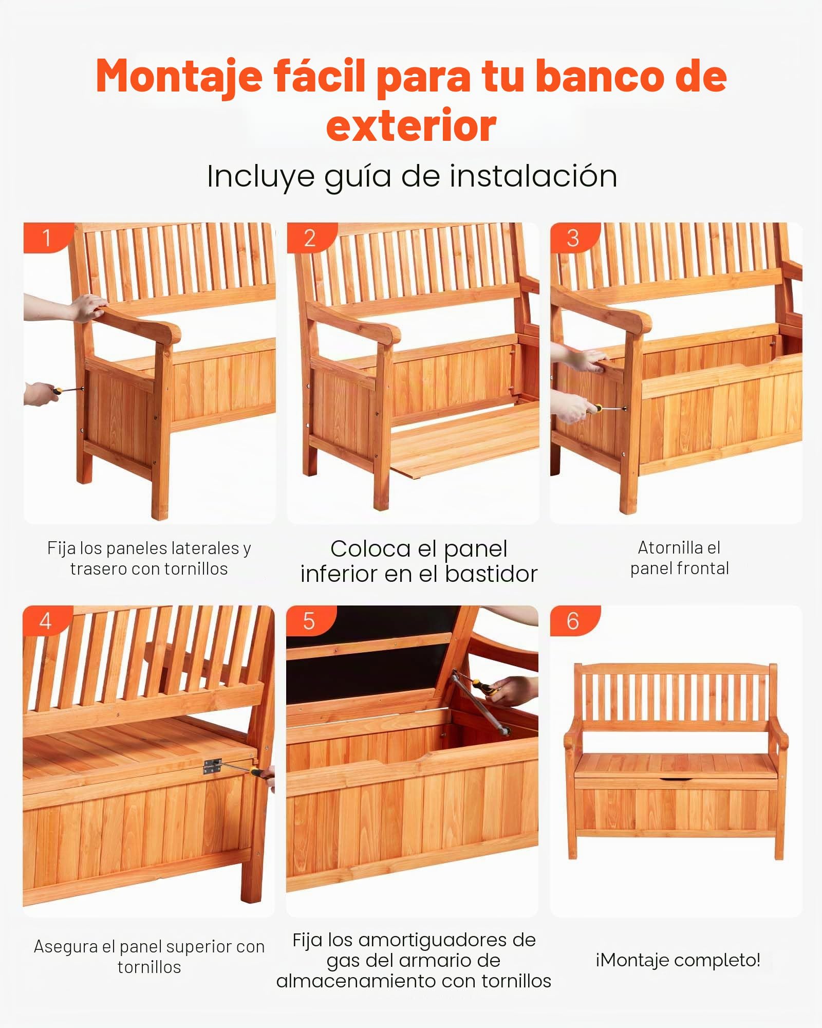 VEVOR Banco de Almacenamiento de Madera 106,5 x 58,5 x 90,1 cm para 2 Personas con Asa Lateral Baúl de Terraza Soporta hasta 319,8 kg Asiento Exterior Resistente para Porche, Patio, Jardín, Balcón