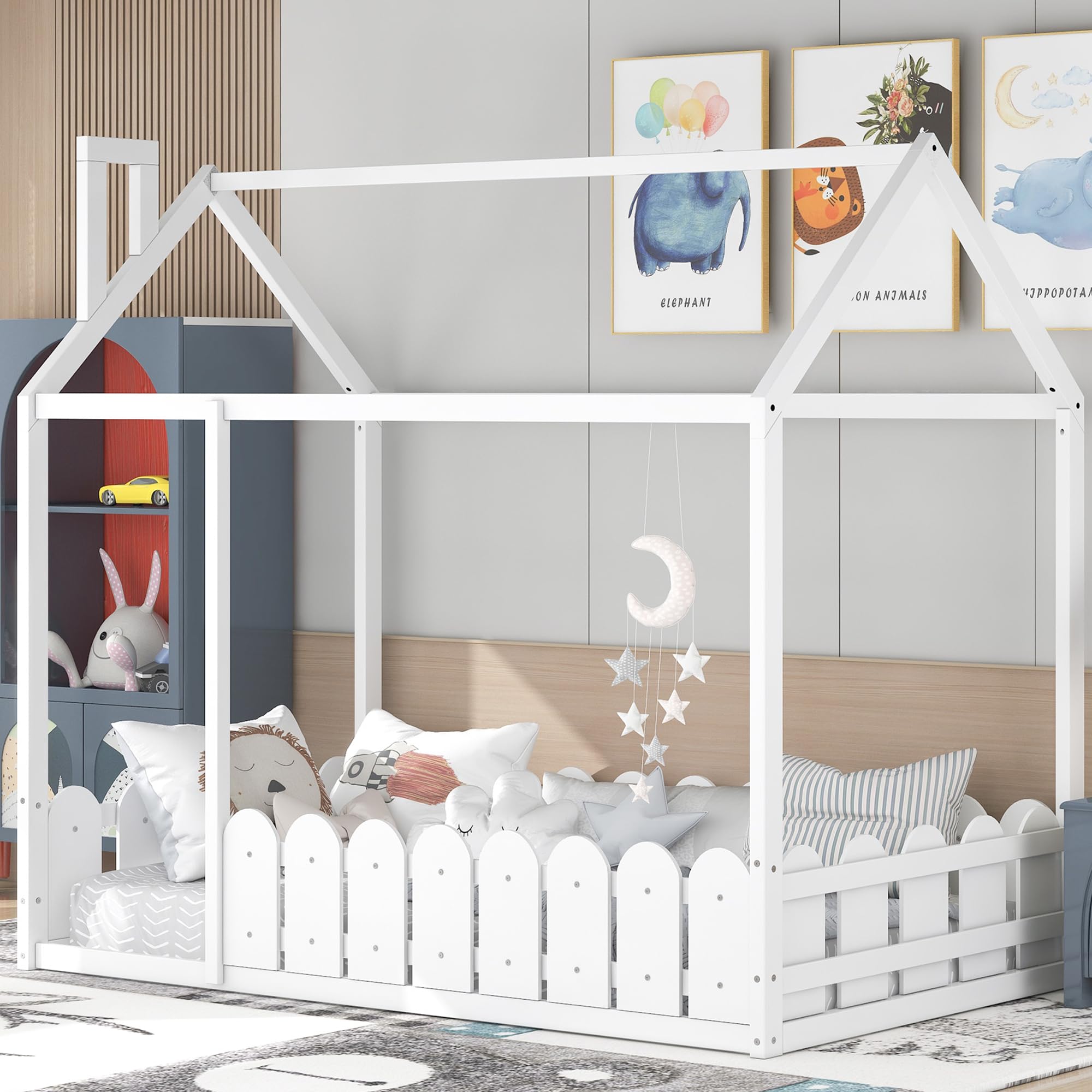 Montessori Bed Frame Twin Size/House Bed Frames, House Floor Bed for Kids, Montessori Floor Bed with Fence, Door and Chimney, White