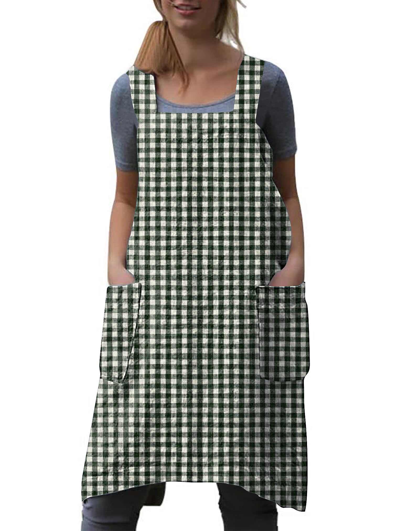 WROLEM Women's Plaid Cross Back Apron with Large Pockets Home Kitchen, Coffee house, Restaurant, Cooking Gardening Works
