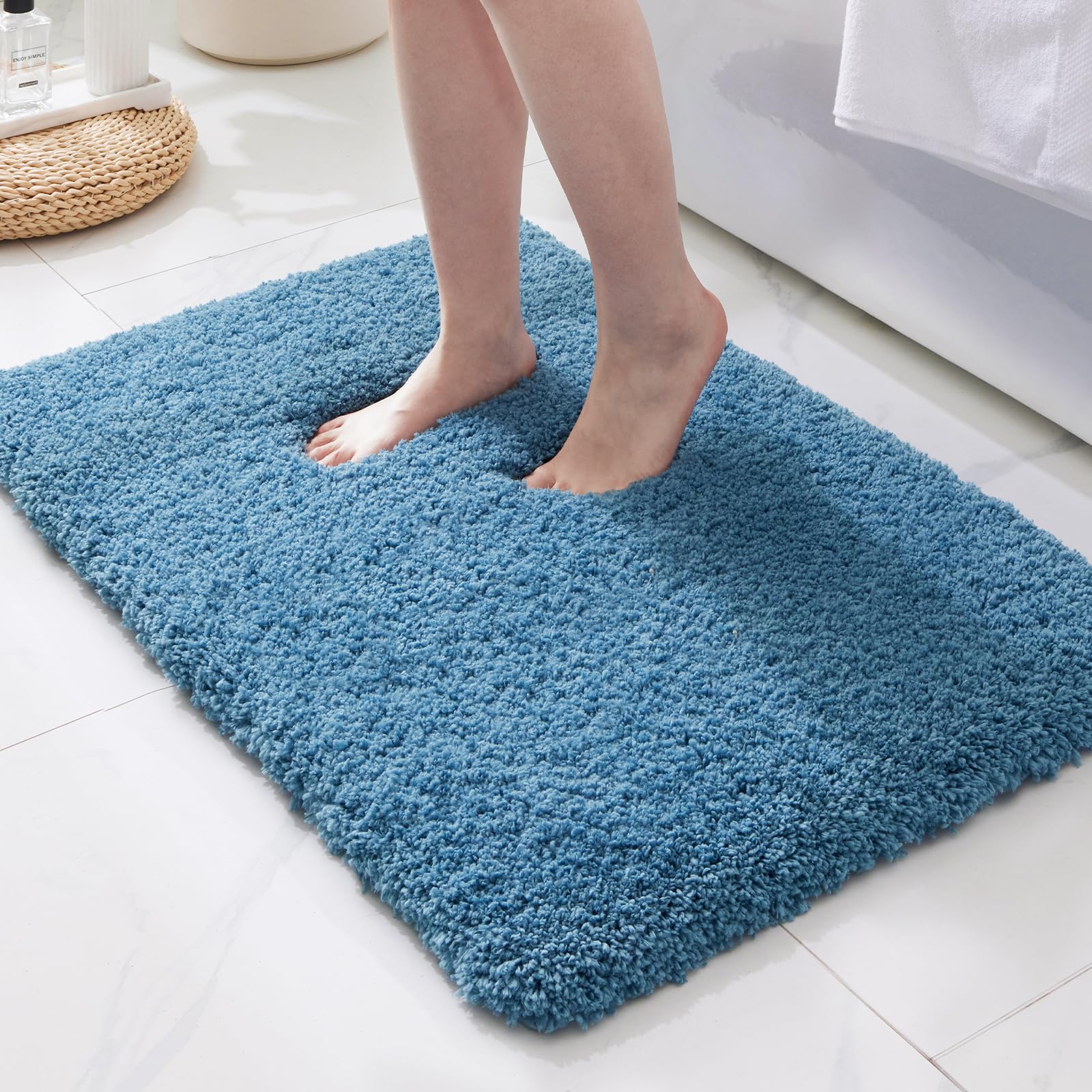 ILANGO Blue Bathroom Rugs 36" × 24" Non Slip & Super Absorbent Extra Thick Soft, Washable Bath Mat for Floor, Microfiber Plush Shaggy Bath Rug with Rubber for Bathtub Shower Room Sink