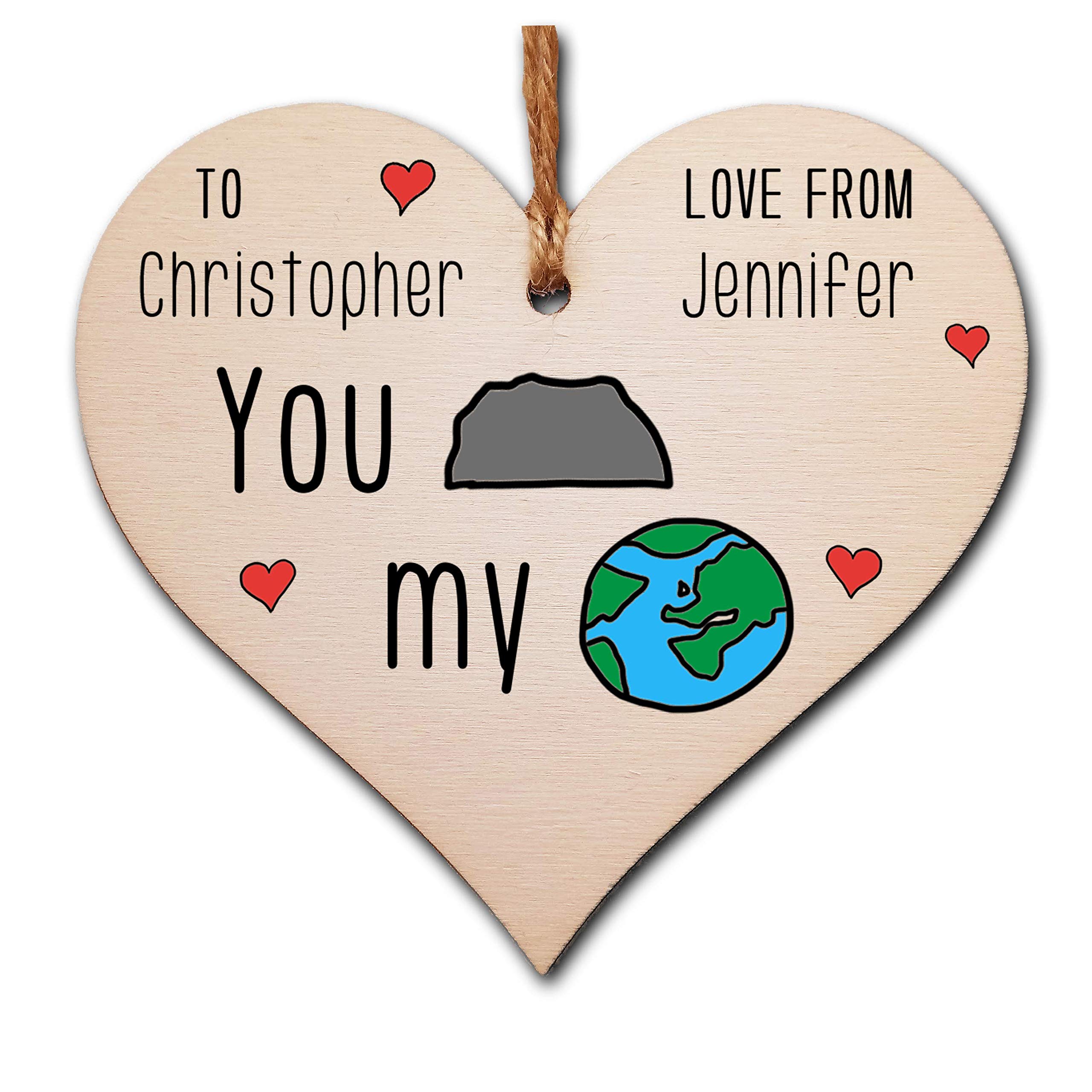 The Plum Penguin Personalised Handmade Wooden Hanging Heart Plaque Valentine's Gift You Rock My World novelty gift for someone special boyfriend girlfriend husband wife funny romantic keepsake
