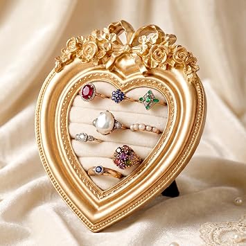 Liliaafar Vintage Ring Holder Heart Shaped Gold Ring Wedding Display | Suede Jewelry Frame Box Earring Tray Anniversary Engagement Baroque Photograph Prop for Women Birthday Christmas Gift