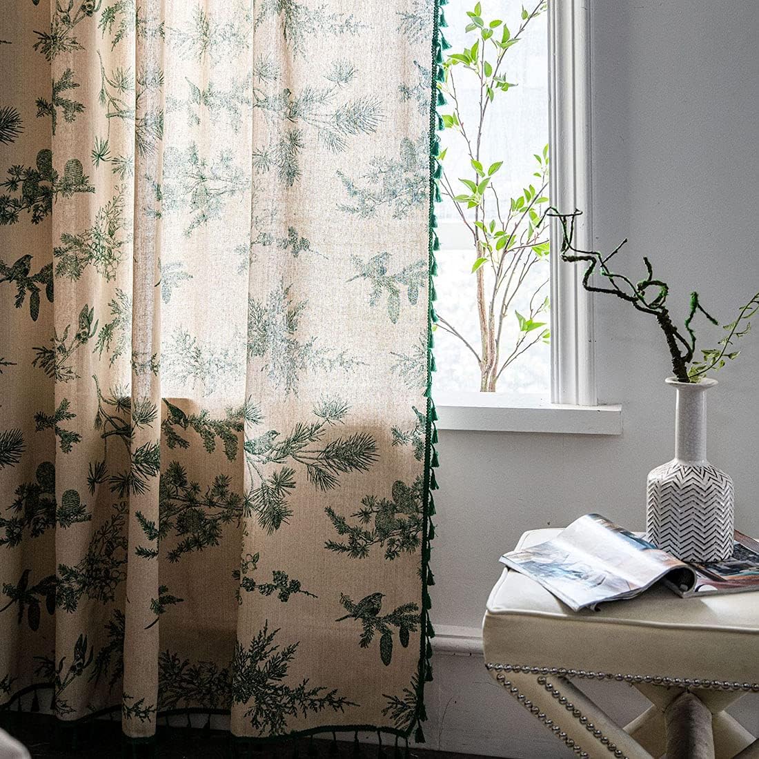vctops Leaf Pattern Cotton Linen Curtain Panel with Green Tassel Rod Pocket Thermal Insulated Window Drapes for Living Room Bedroom, 1 Piece (Green, 59"x63")
