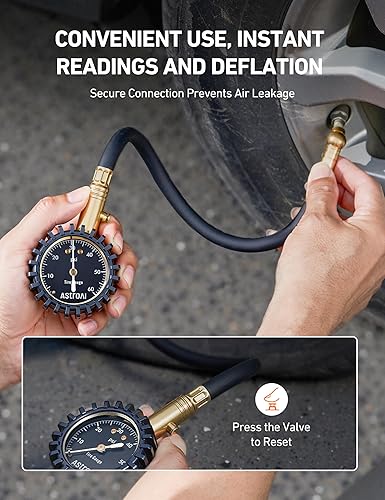 Miniatura 4 de AstroAI Medidor de presión de neumáticos para automóviles con dial grande de 2 pulgadas, latón macizo con manguera de goma, válvula de purga de
