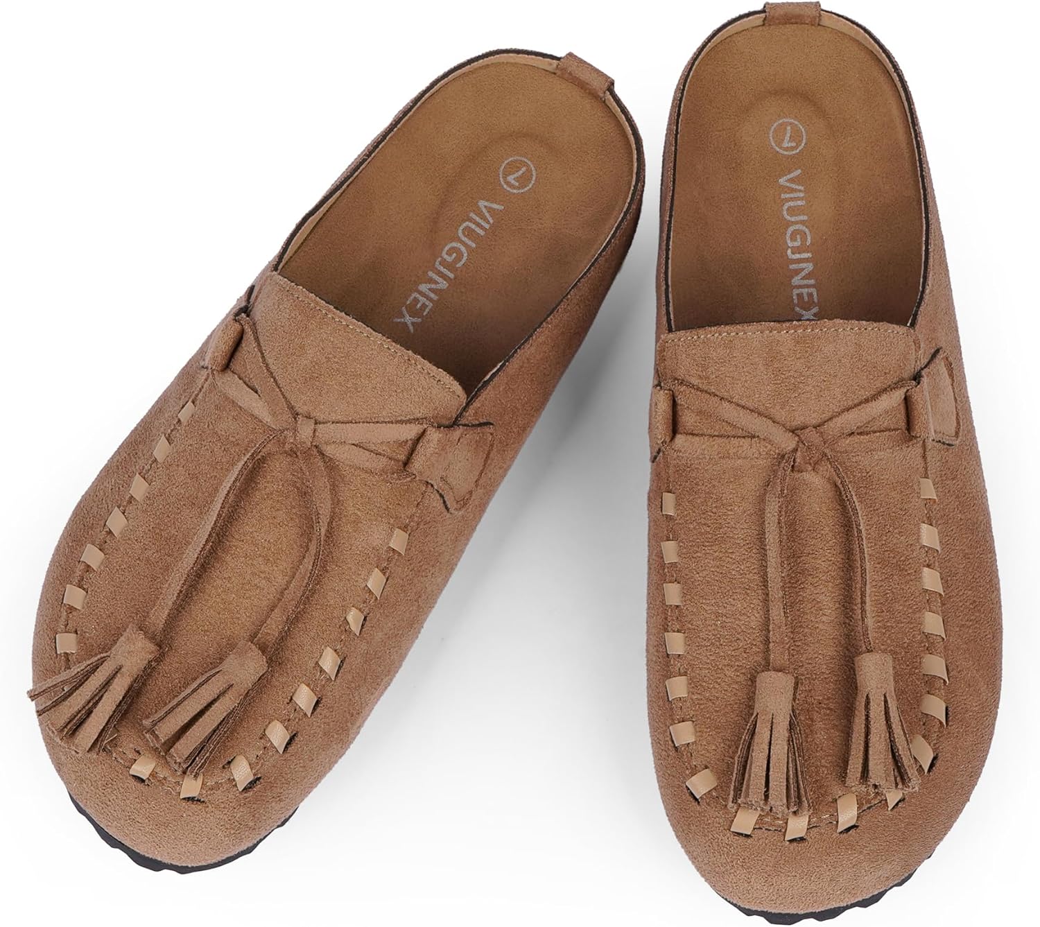 VIUGJNEX Tassel Fringe Clogs for Women Comfortable Footbed Slip-on Mules Loafers Round Toe Faux Suede Potato Shoes with Arch Support Work Dress Business Walking Casual Womens Shoes
