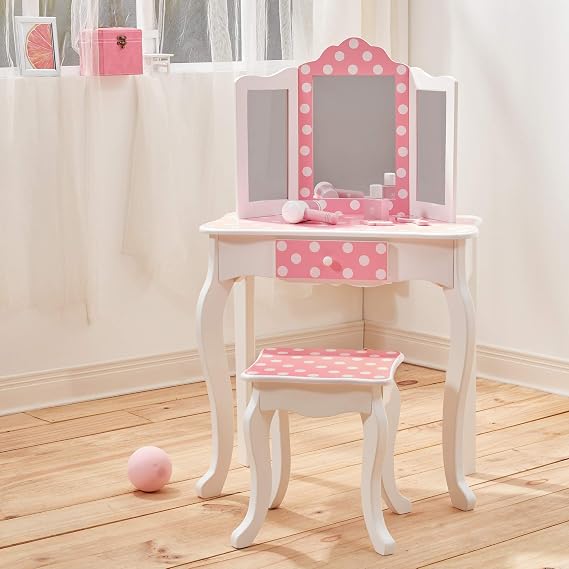Teamson Kids Princess Gisele Polka Dot Print 2-Piece Kids Wooden Play Vanity Set with Vanity Table, Tri-Fold Mirror, Storage Drawer, and Matching Stool, White with White/Pink Polka Dot Accent