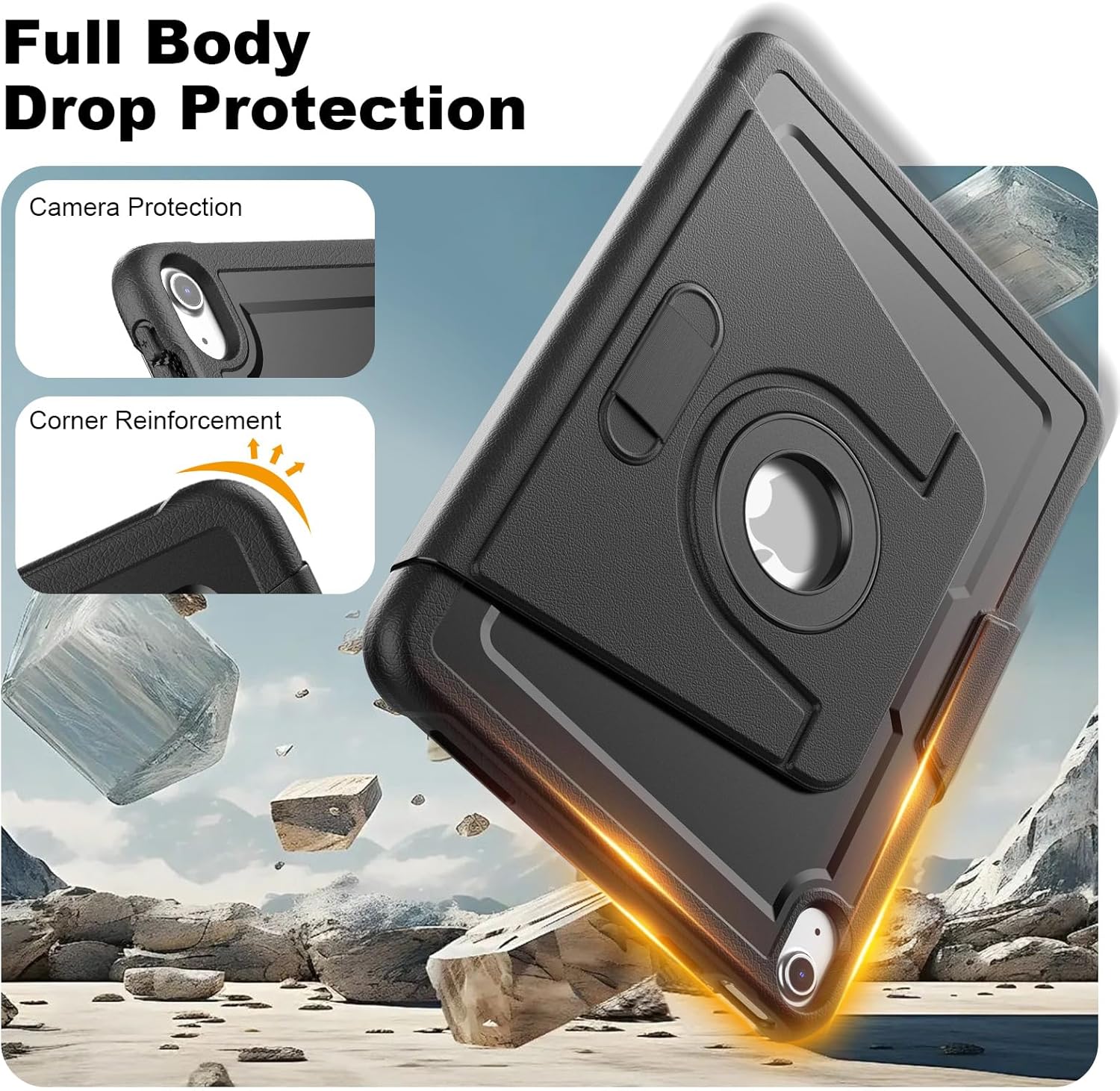 Case for iPad (A16) 11-inch 2025, for iPad 10th/11th Generation 10.9-Inch 2022, Rotating Magnetic Detachable Stand, Shockproof Protection, Auto Sleep/Wake, Black